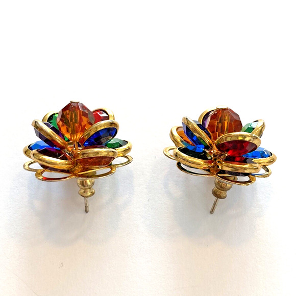 Jewel Tones Pierced Earrings Vintage 1980’s Multicolor On Goldtone Bead Clusters - Picture 2 of 6